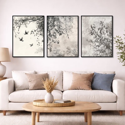 «Black Tree Blooms in a Chinese Ink Landscape - Asian Art», impression sur toile à 3 panneaux