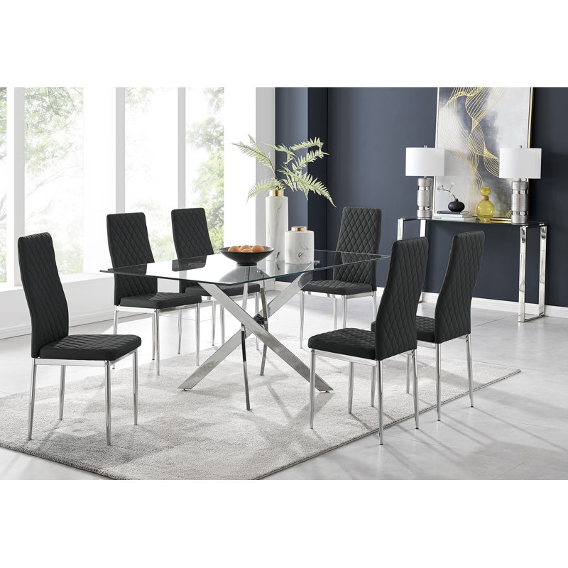 Lenworth Modern Chrome Metal and Glass Dining Table Set with 6 Luxury Faux Leather Dining Chairs, Black