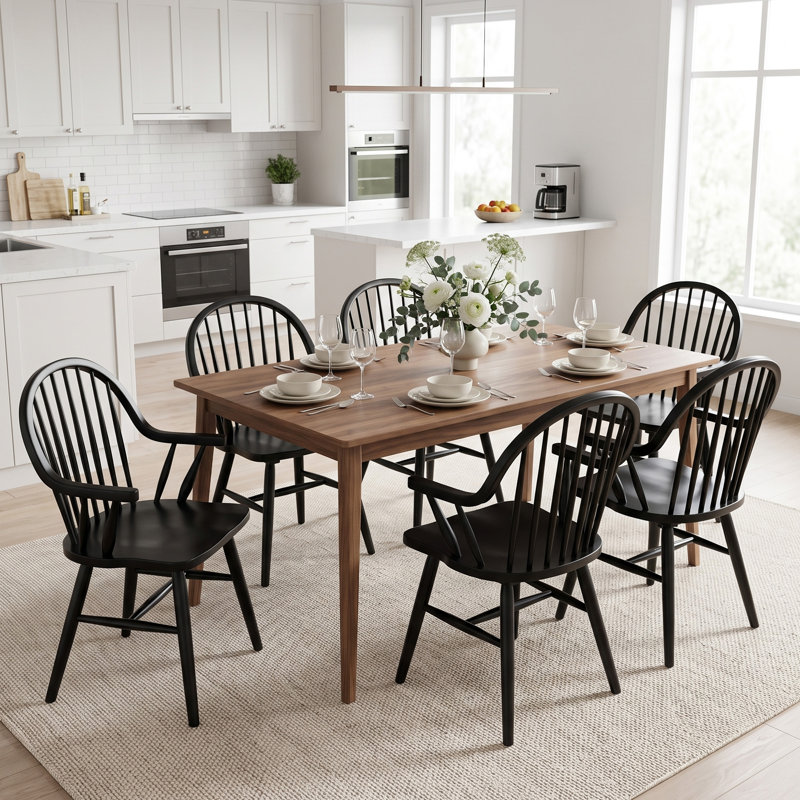 Chaises de salle à manger en bois massif avec accoudoirs de 24 po de large Hughes Hughes, Brun, 6