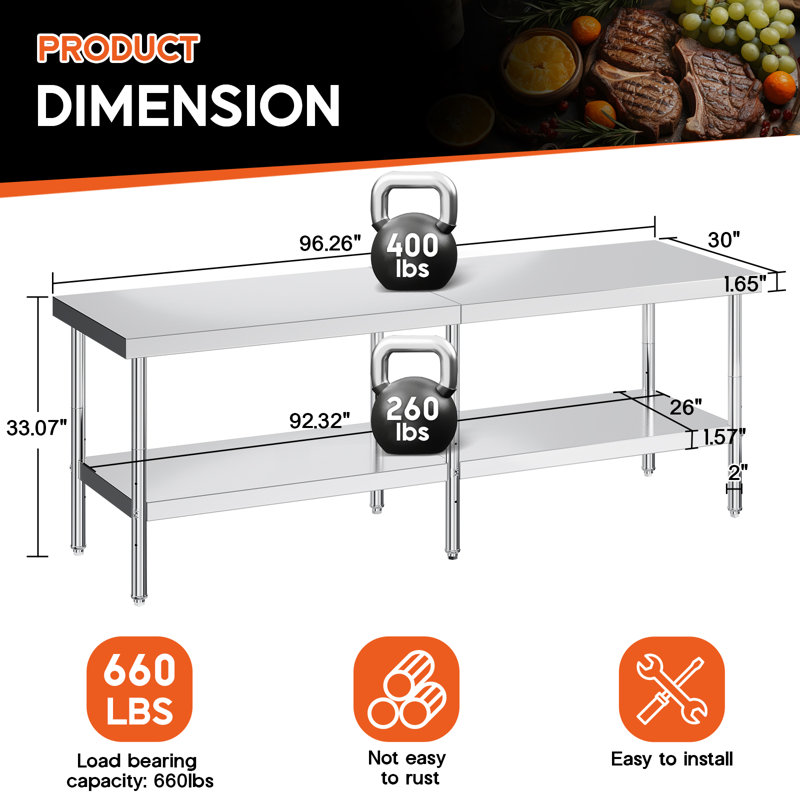 Table de préparation en acier inoxydable 30 po x 96 po avec dosseret et tablette réglable, table de travail certifiée NSF pour la cuisine, le restaurant et le garage, avec crochets inclus