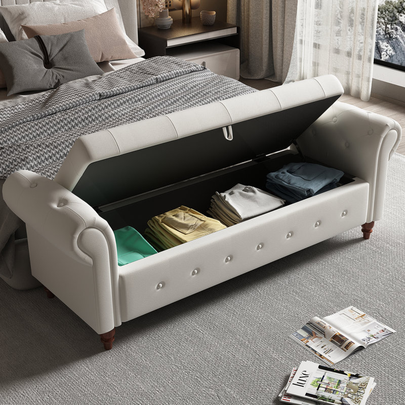 63" Bed Bench Tufted Fabric, Beige