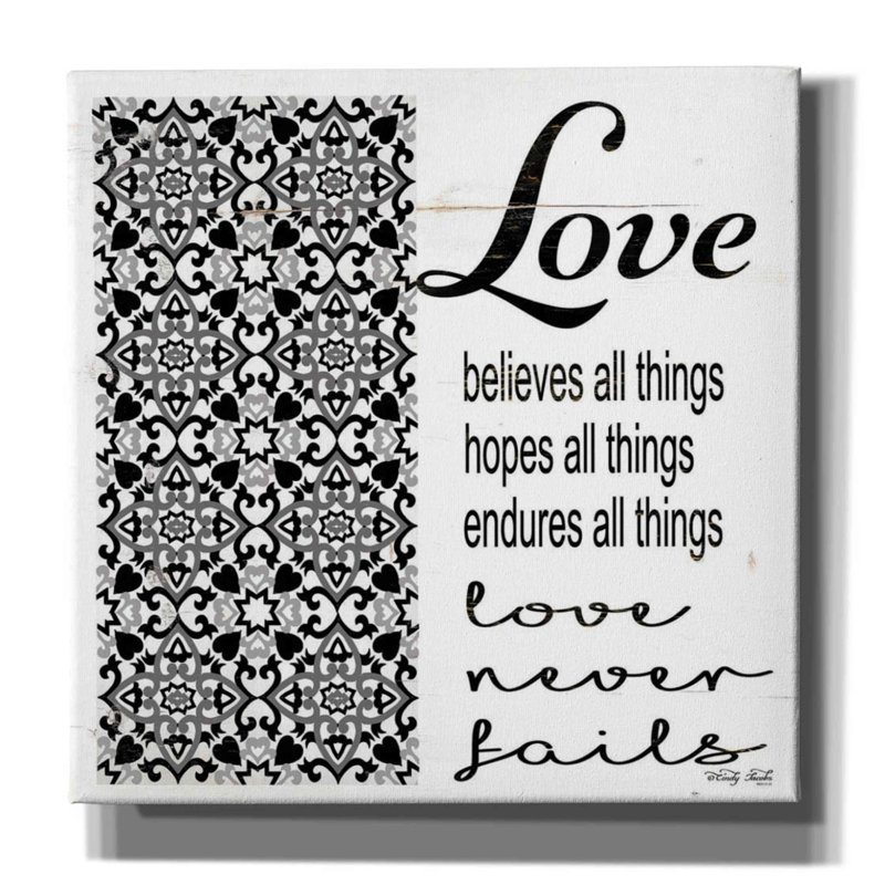 «Love Believes, Hopes, Endures» par Cindy Jacobs, art mural sur toile, H 18 po x l 18 po x P 0,75 po
