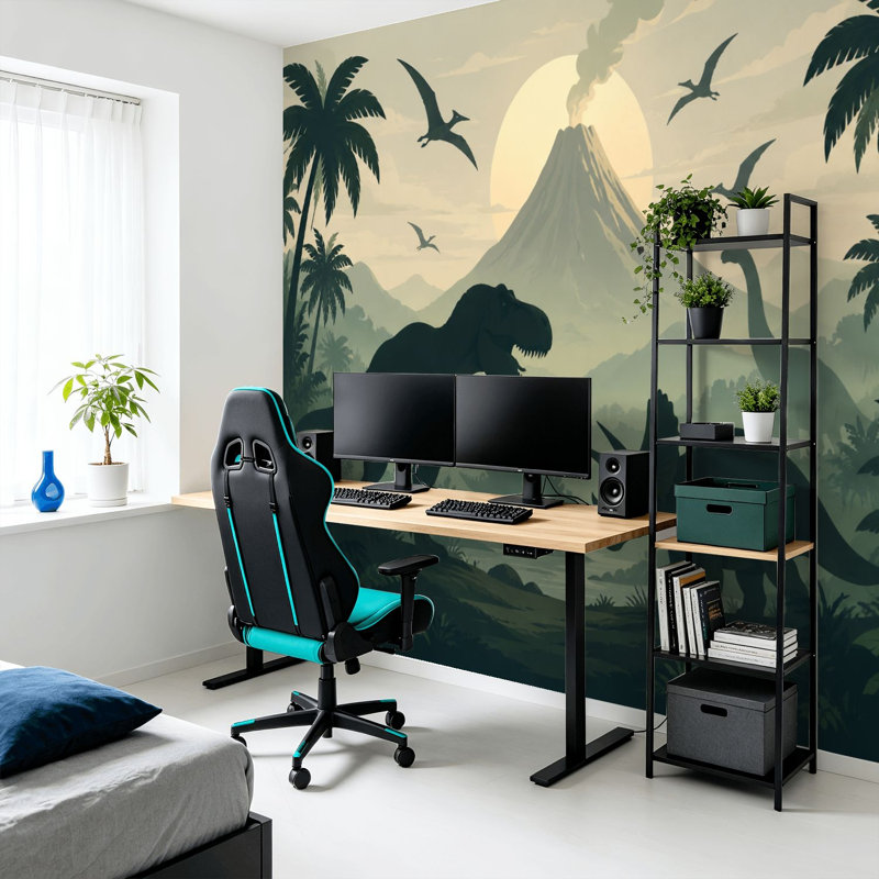 Papier peint adhésif auto-adhésif moderne pour la chambre à coucher, avec paysage de dinosaures, volcan, créatures préhistriques, coucher de soleil