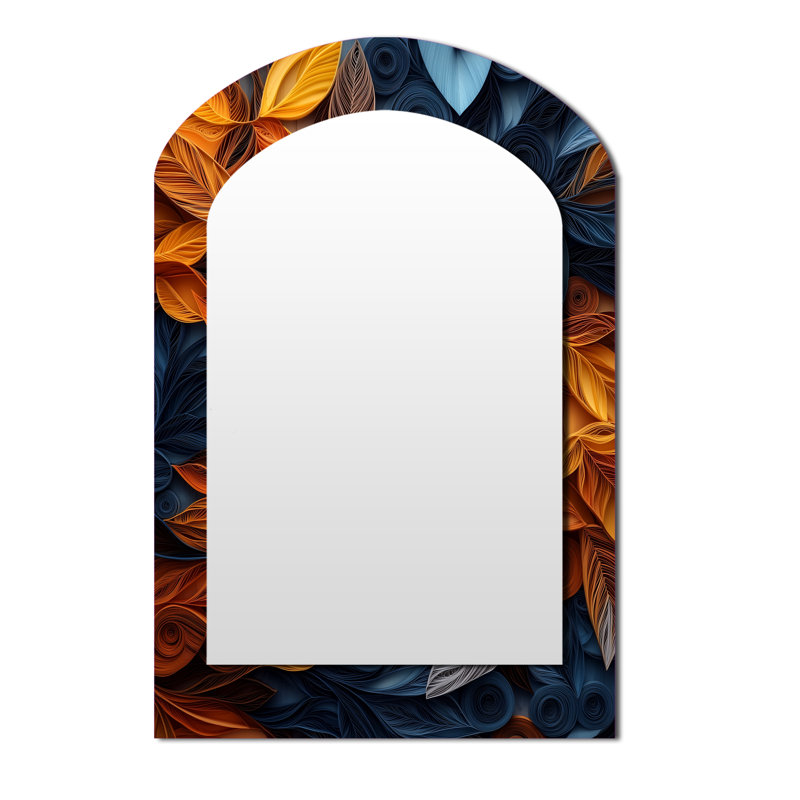 White Floral Botanical Whirlwind II - Botanicals Asymmetrical Large Wall Mirror, Modern Arch Unique Mirror, Printed Metal Art