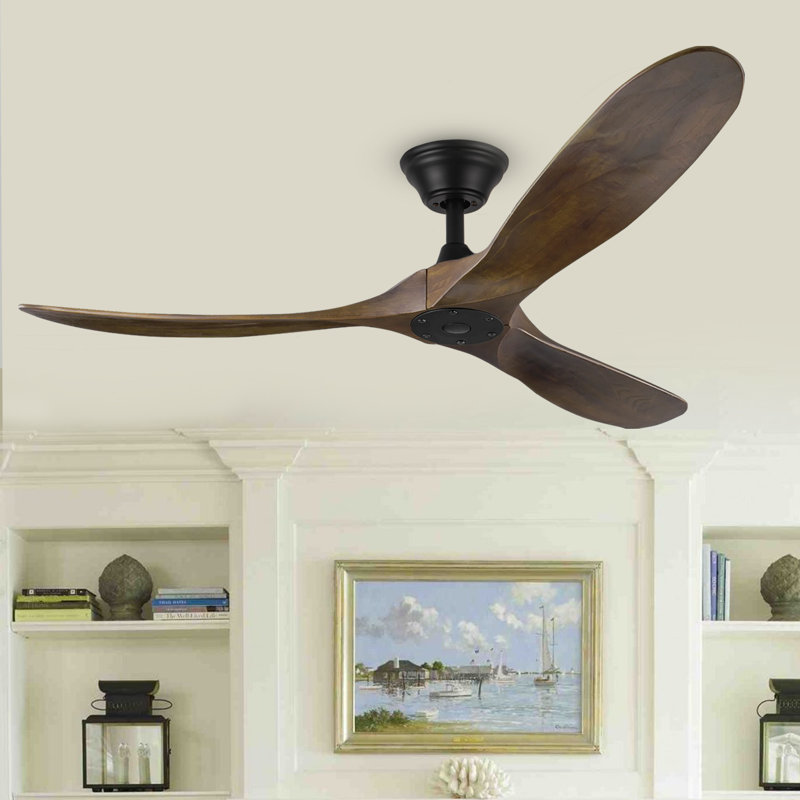 Grand ventilateur de plafond en bois massif à 3 pales avec télécommande, 60", Noir avec pales noyer foncé