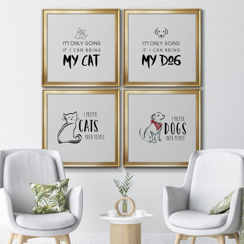 Bring My Cat - ensemble de 4 pièces d'art textuel sur toile, Cadre noir, H 30,5 po x l 122 po x P 1,5 po