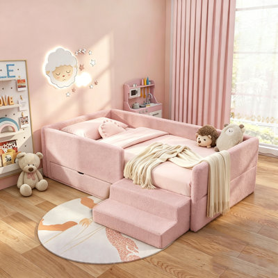 80 Inch Low Profile Velvet Toddler Bed, Upholstered Kids Double Bed Frame with Full Safety Guardrails, Built-In Step Ladder & Underbed Storage Drawers for Kids Bedroom