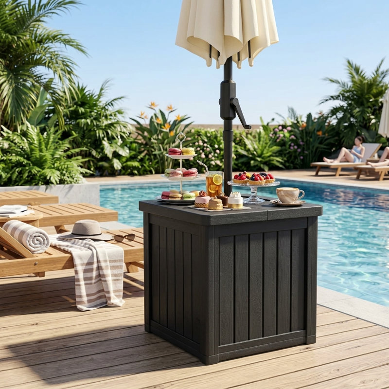 19" Square Outdoor Umbrella Stand Side Table, Multi-Functional Patio Storage Box Planter with Umbrella Hole & Drainage Hole