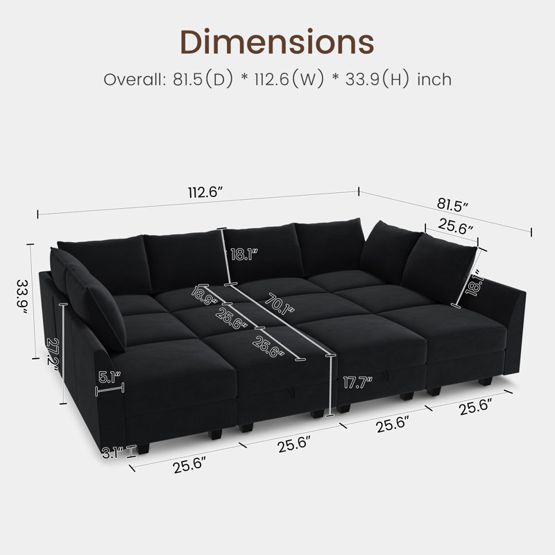 Kandle Upholstered Velvet Modular Sectional, Black Velvet