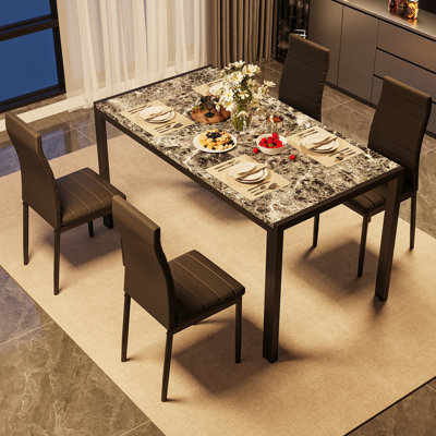 Modern Style 5-piece Dining Table Set with 47.2"L x 27.5"D Rectangular Faux Marble Top Dining Table and 4 PU Upholstered Dining Chairs