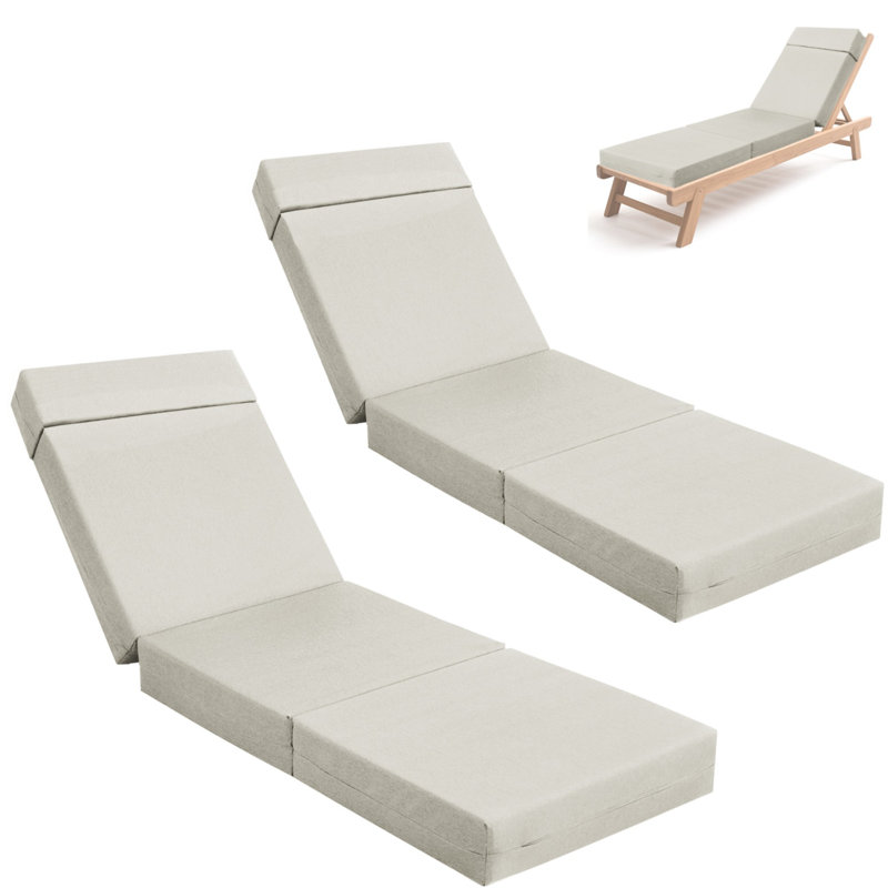 80in 2 Pcs Chaise Lounge Cushions Outdoor, Waterproof Furniture Cushions With Removable Cover, Beige/Blue, Beige