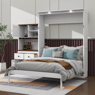 Queen Size Wall-Integrated Murphy Bed With Storage Cabinet, Wine Rack, Glass Holder, Drawers, And LED Lighting