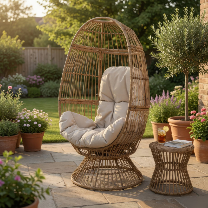Chaise avec coussin, en forme d'œuf, fabriquée à la main, en bois, en tissu, avec structure en fer