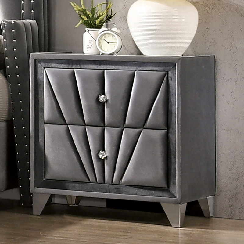 Table de chevet en tissu gris, 2 tiroirs, pieds, acrylique imitation cristal, structure entièrement rembourrée, plateau en verre, velours classique pour accessoires de chambre à coucher, design moderne