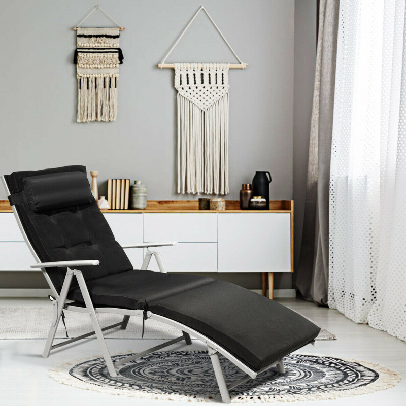 Amrom Outdoor Metal Chaise Lounge , Cushion Included, Black, Black, White