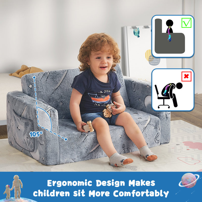 Amilee Kids Couch Sofa, Folding Toddler Couch, Gray Planets, 16" H x 30" W x 17" D