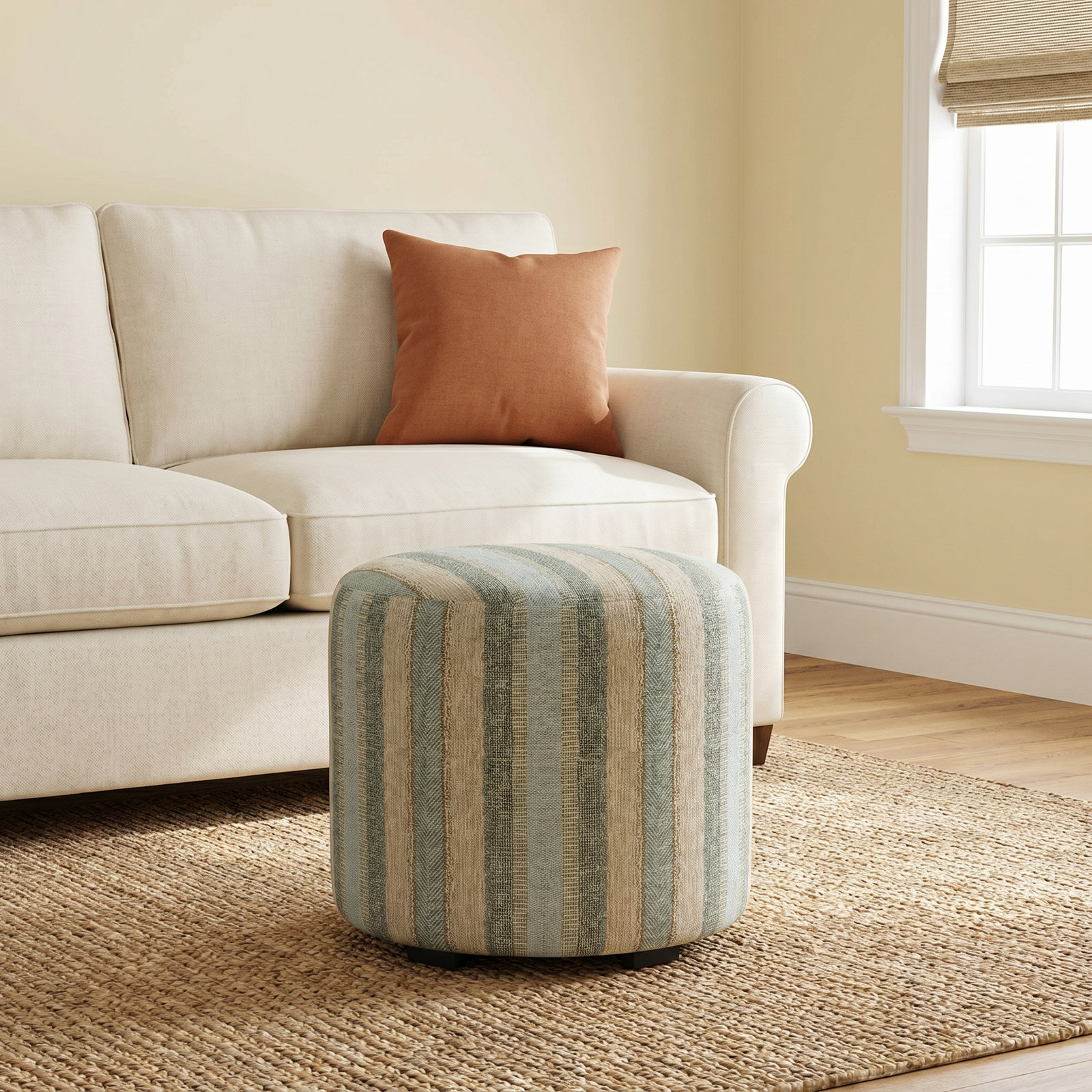 Birchbrook Upholstered Ottoman, Blue/Brown Polypropylene/Olefin