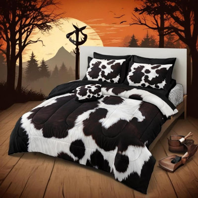 Cow Print Comforter Set Queen Size Bed in a Bag Set Western Farmhouse Animal Print Bedding Set Black White Brown Cowhide Printed Rustic Bedding Comforter 8 Pieces 1 Comforter 4 Pillowcases 1 Flat Sheet 1 Fitted Sheet 1 Cushion Cover