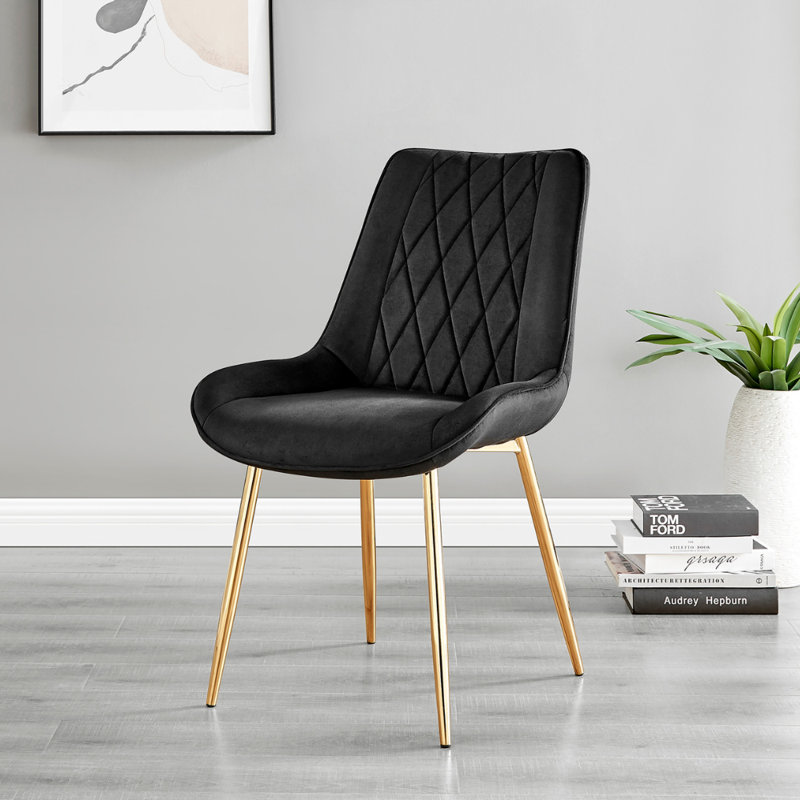 Palermo Velvet Modern Dining Chairs with Tapered Metal Legs & Quilted Diamond Stitching, Gold, Black