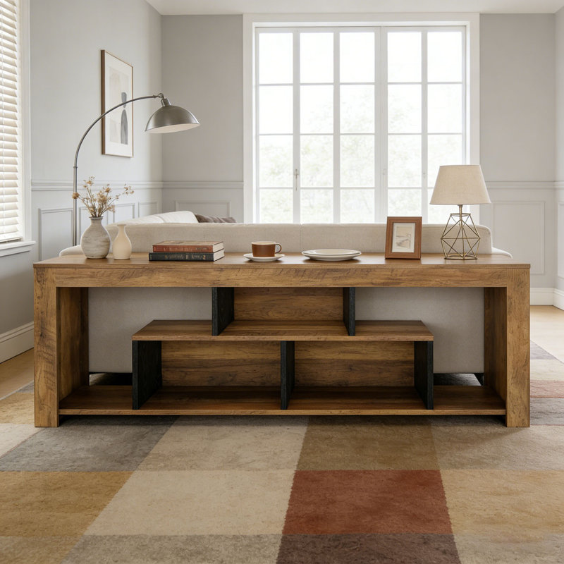 63-Inch Low Sofa Console Table with Storage Shelves