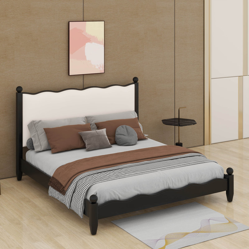 Wood Platform Bed With Upholstered Headboard, Grand lit, Noir / Beige