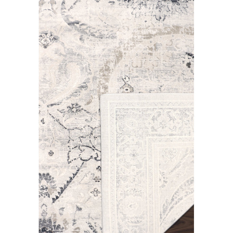Ivory and Silver Round Stain-Resistant Synthetic Rug