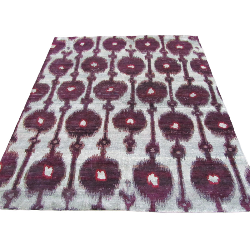 Tapis rouge / beige / raisin en soie noué à la main Rumi Ikat, Rectangle 6 pi x 6 pi 8 po