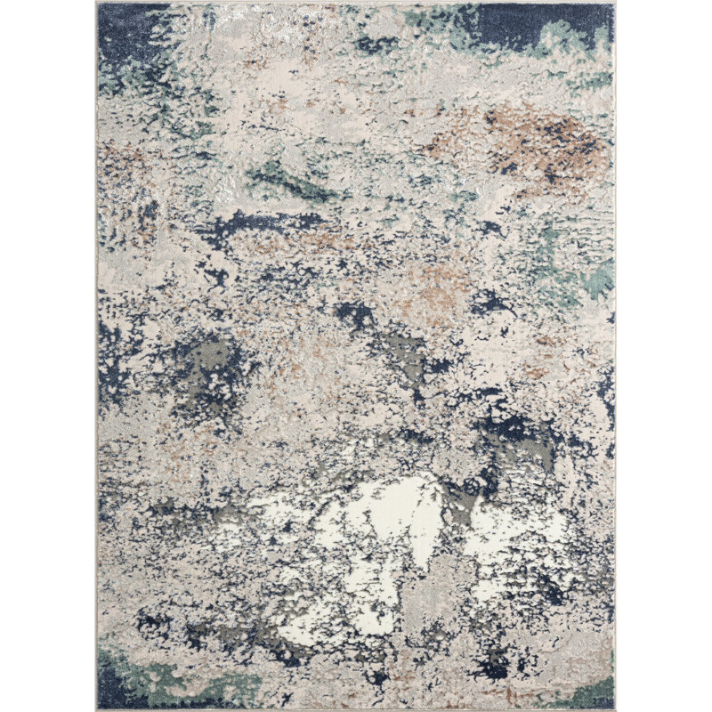 Ezra Abstract Performance Blue/Gray/Brown Area Rug, Rectangle 5' x 7'