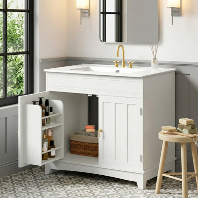 Freestanding Bathroom Vanity with Ceramic Sink Farmhouse Bathroom Sink Cabinet with Door-mounted Shelves
