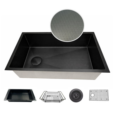 Évier de cuisine noir en nid d'abeille texturé 32 po - Bol simple - Acier inoxydable 316 avec calibre 16