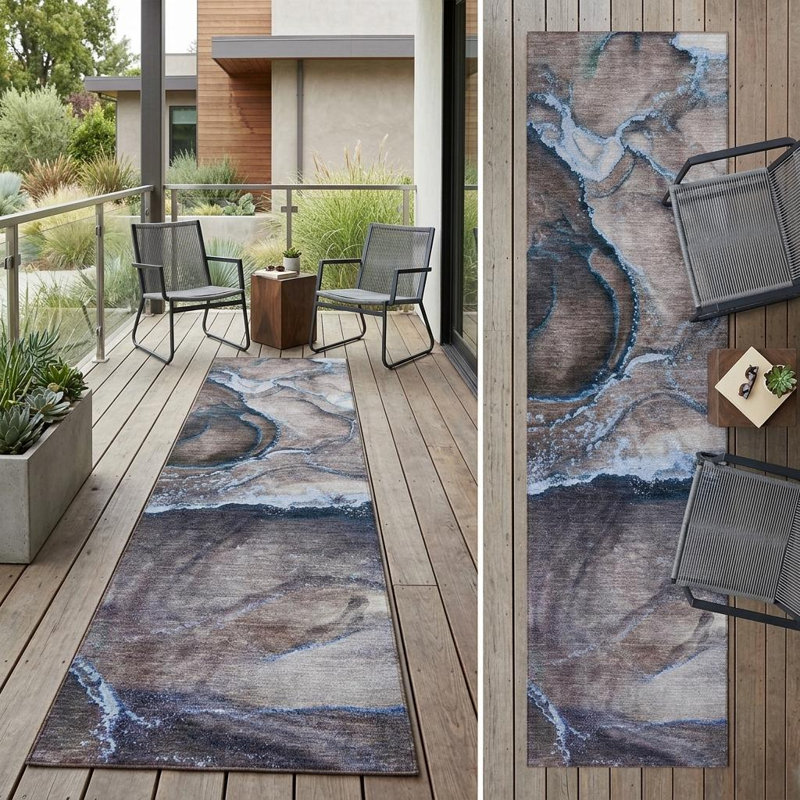 8' Runner Navy Blue Abstract Washable Non Skid Indoor Outdoor Runner Rug