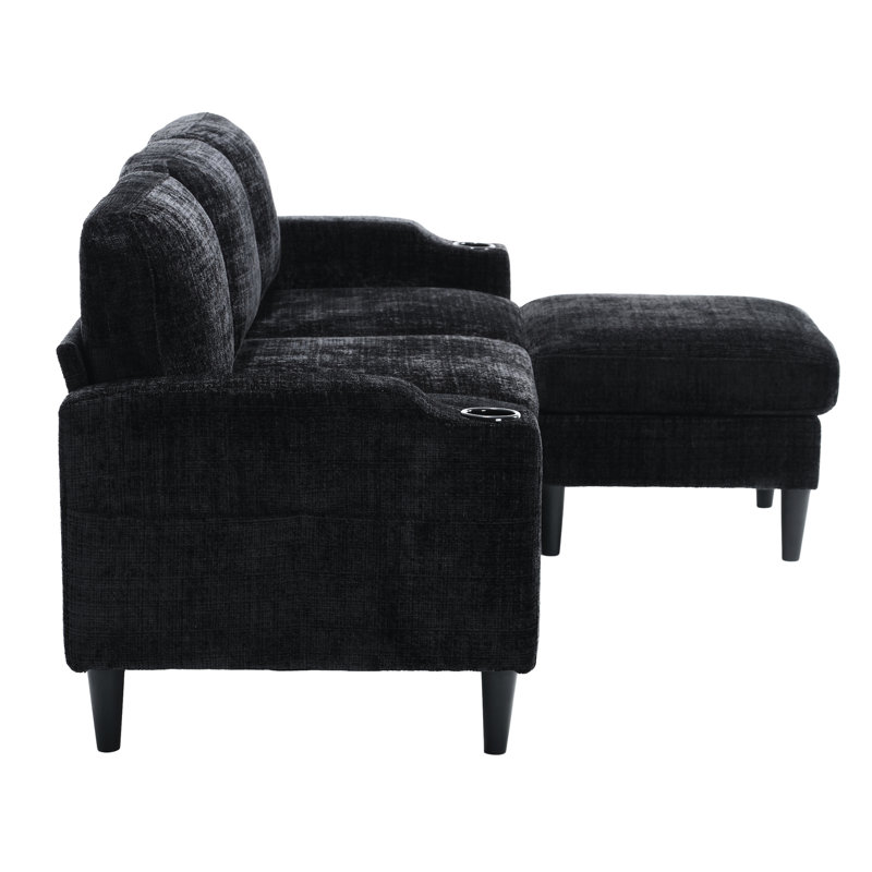 Canapé modulaire en chenille avec rangement et porte-gobelet, Black