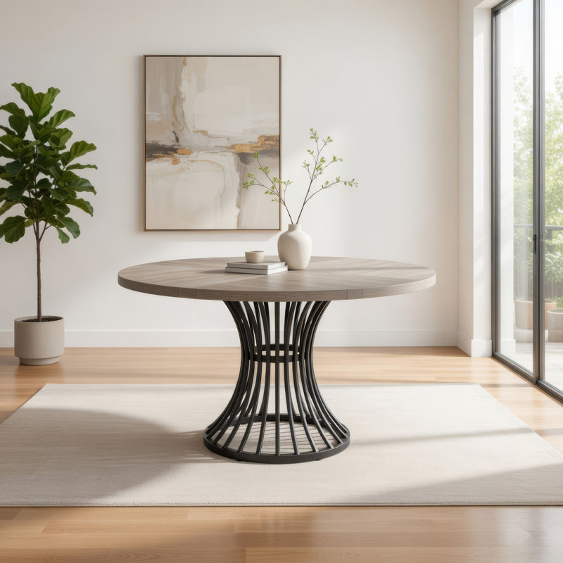 Ashiyah Round Metal Base Dining Table, Grey, Black