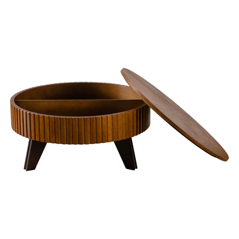 Table basse ronde de 31,5 po avec espace de rangement rétro, idéale pour le salon et le bureau, Naturel