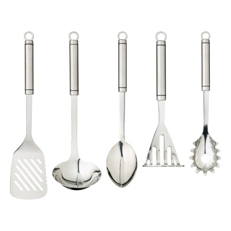 KitchenCraft Oval Handled Professional Stainless Steel Kitchen Utensils, 5pc Set Including Masher, Large Ladle, Spaghetti Server, Slotted Turner and Cooking Spoon