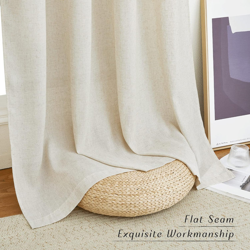 Linen Curtains for Living Room Rod Pocket & Back Tab Thick Flax Privacy Semi Sheer Window Curtains, 2 Panels, Natural