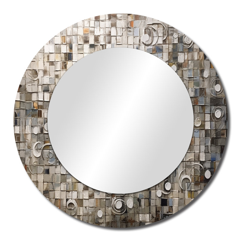 Quency Brown And White Bohemian Medley - Boho Mosaic Wall Mirror, Modern Round Decorative Mirror, Printed Metal Art