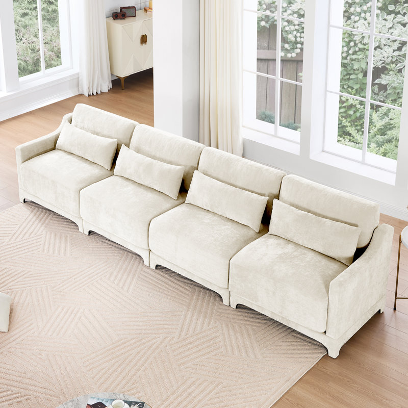 141.7" Chenille Upholstered Pillow-Top Arm Sofa Couch, 4, Beige