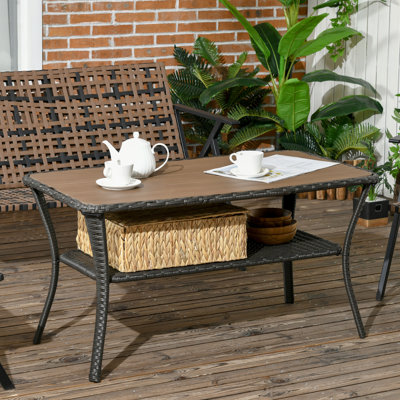 Table,Patio PE Rattan Coffee Table With Storage Shelf, Hand-Woven Wicker Outdoor Side Table, 2-Layer Storage Table With Wood-Plastic Composite Top, For Garden, Porch, Backyard