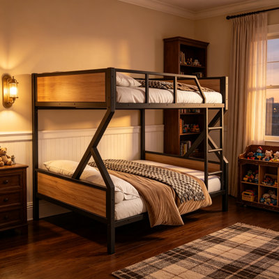 Full over Full Bunk Bed, Metal Bunk Bed with Storage Shelves and Lights, Space-saving & Noise-free Design, Black