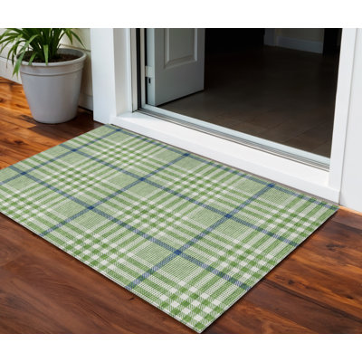 3' X 5' Green And Ivory Plaid Washable Indoor Outdoor Area Rug