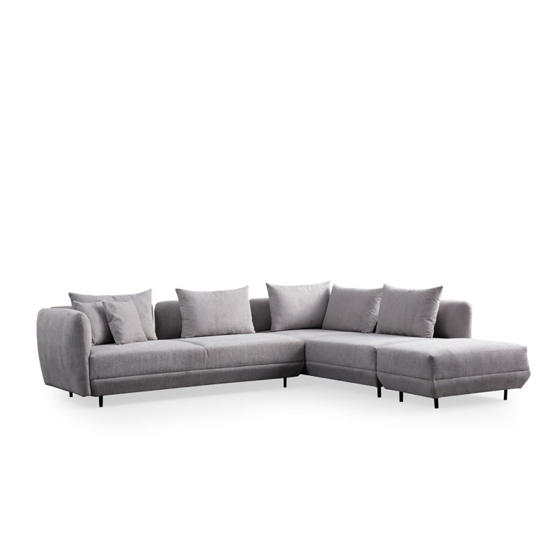 Canapé d'angle moderne, tissu gris clair, 122,0 po x 104,3 po x 29,9 po | Structure en bois de hêtre et en carton gris, revêtement 100% polyester | 7 coussins moelleux, dossier en mousse souple et silicone, pieds en métal noir, parfait pour le salon