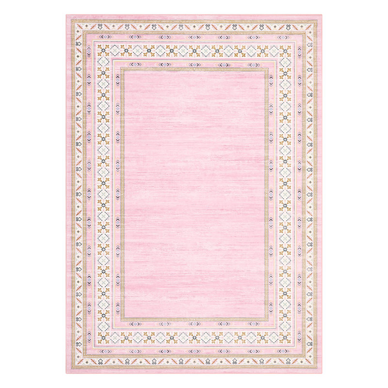 Washable Area Rug Modern Bordered Rug Non Slip Floor CarpetNon Shedding Neutral Rugs for Kitchen Bedroom Living Room, Pink
