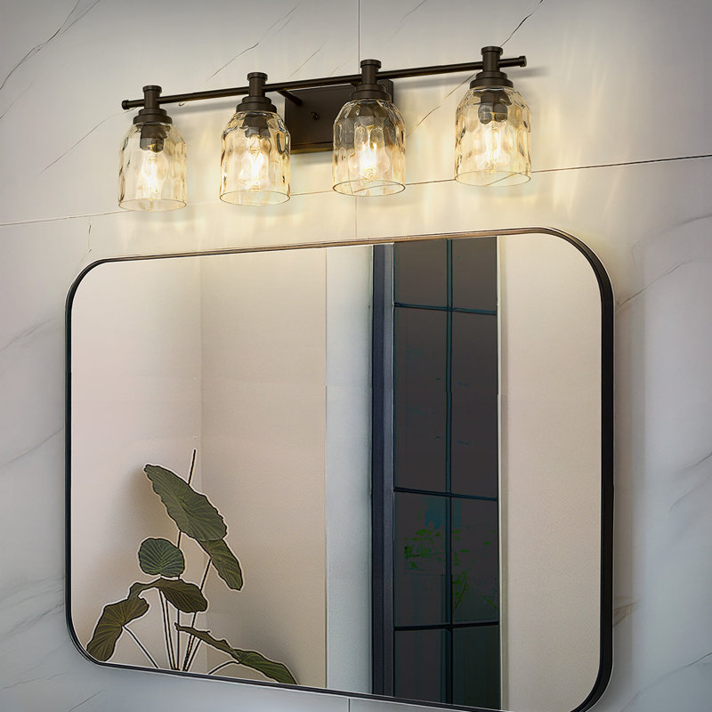 Éclairage pour salle de bain 4 lumières Farmhouse, abat-jour en verre martelé, bronze huilé, Quatre lumières
