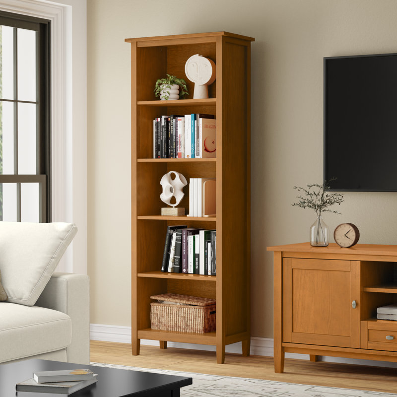 Warm Shaker 72"H Solid Wood Transitional 5-Shelf Bookshelf with Adjustable Shelves and Tapered Legs, Brown