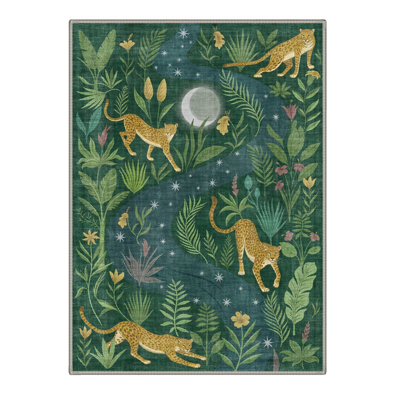 Alcoa Aura Silk Animal Print Machine Washable Green / Yellow Indoor Area Rug with Non-Slip Backing, Rectangle 5' x 7'