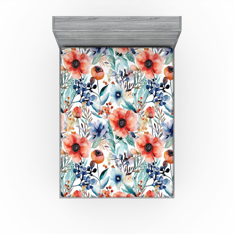 Drap-housse rustique Ambesonne, Drap-housse de taille très grand, Corail foncé, bleu ciel / floral 1