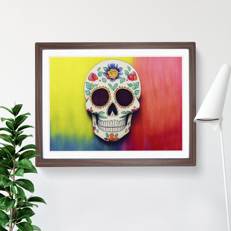 XH1022-360X A Decorated Floral Sugar Skull - Single Picture Frame Print, 25cm H x 34cm W x 2cm D, Walnut