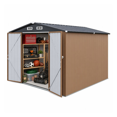 Abri de jardin 3 x 3 m (10 x 10 pi), en acier galvanisé résistant aux intempéries, avec porte verrouillable, aération et double porte, idéal pour ranger le mobilier de jardin et les outils. Couleur : marron.