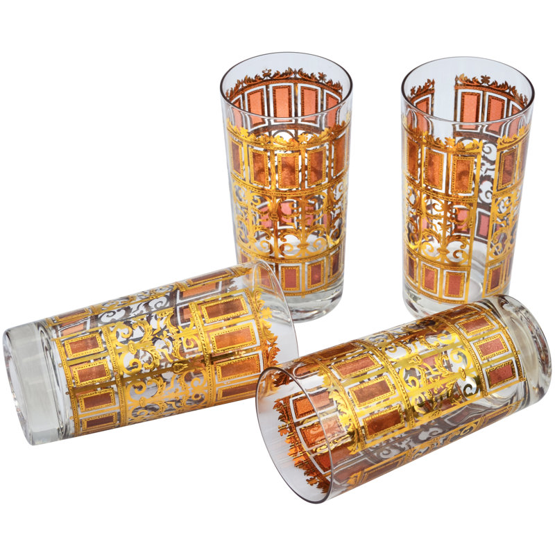 Mid 20th Century Golden Patterned Highball Culver Glasses- S/4